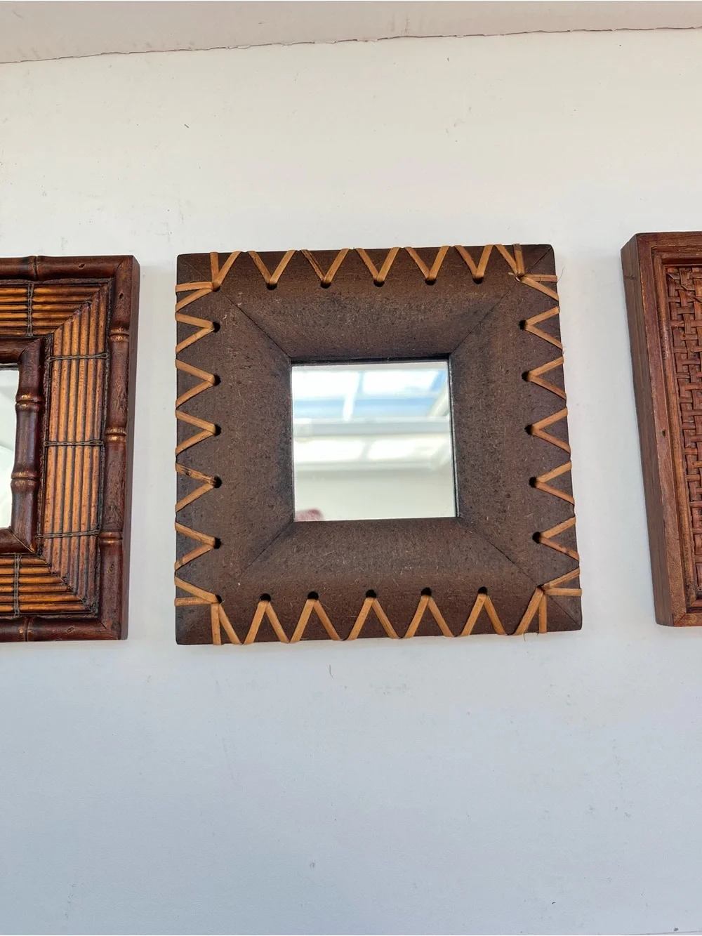 Vintage wall mirror set wood bamboo MCM